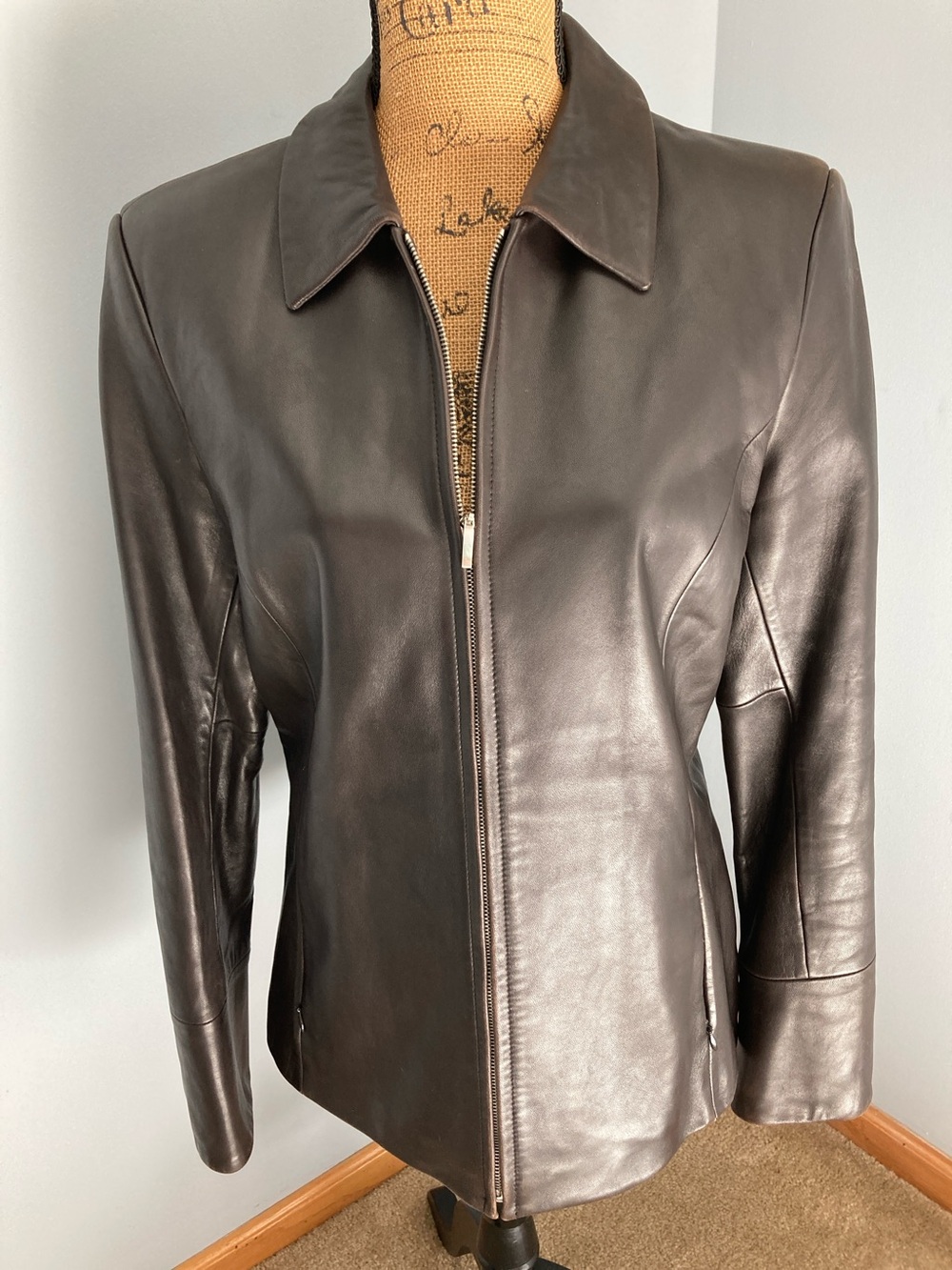 Ann Taylor Black Leather Zip Jacket Zip Pockets Zip Cuffs Women Size Large